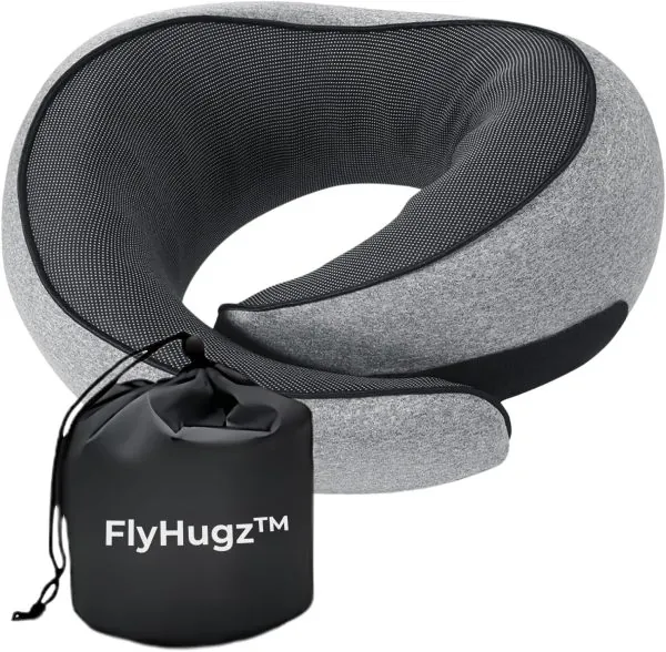 FlyHugz™ Neck Travel Pillow | Memory Foam Neck Pillow for Comfort on Airplane | Compact and Ergonomic Design for Travel, Car Rides, and Home Use | Ideal for Adults and Kids